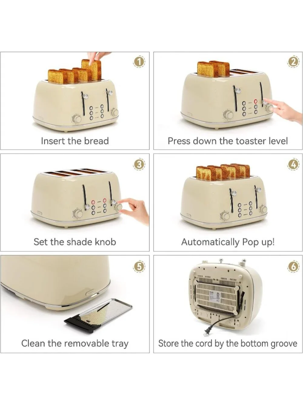 4 Slice Cream Retro Stainless with 6 Bread Shade Settings 1.5''Wide Toaster